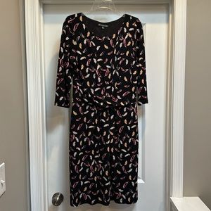 Adrianna Papell Multicolor Feather Print Dress Black Fully Lined 30.5” Length